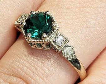 Emerald ring vintage emerald engagement ring 14k gold ring gift unique antique wedding promise anniversary ring for her simple promise ring