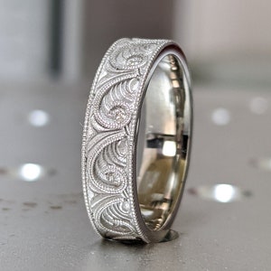 Diamond Engraved Wedding Ring, Art Deco Scroll Style Wedding Band, Hand Milgrain Men&#39;s Gold Ring, New Vintage 5mm Flat Wedding Ring