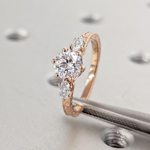 14k Rose Gold 1ct Lab Created Diamond Solitaire Ring | Marquise, Round Diamond Engagement Ring | Vintage Design Proposal Woman Bridal Ring