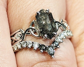 Vintage Long Hexagon Cut Salt and Pepper Engagement Ring Set Unique Gold Ring Diamond Wedding Ring Women Wedding Bridal Set Anniversary Gift