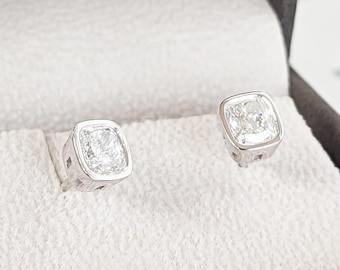 1CT Moissanite Stud Earrings: Cushion Cut Moissanite, Bezel Setting, 14k 18k Solid Gold, La Pousette or Alpha Backs, Classic Bridal Earrings