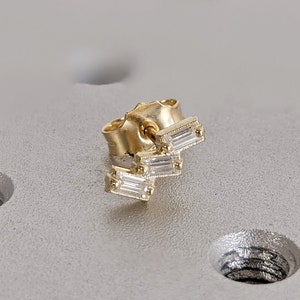 Minimalist Tiny Cluster Baguette Cut Moissanite Earrings / Yellow Gold Screw Back Studs Earrings / Dainty Three Stones Studs Simple Earrings