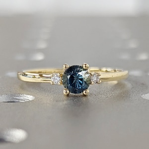 Dainty Blue Green Sapphire Ring with Diamond , Teal Sapphire Engagement Ring , Alternative Engagement Ring , Diamond Ring , Solid Gold Ring