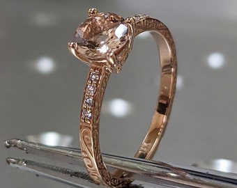 Morganite Engagement Ring, Vintage Floral Morganite Ring, Rose Gold Floral Engagement Ring, Nature Inspired Leaf Morganite Ring