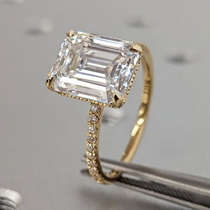 Hidden Halo Emerald Cut Solitaire Engagement Ring, Emerald Cut Engagement Ring, Emerald Cut Ring, 4Ct Solid 14k Moissanite Engagement Ring