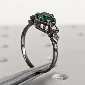 Emerald ring vintage emerald engagement ring 14k black gold ring gift unique antique wedding promise anniversary ring for her