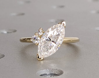 Asymmetrical Marquise Engagement Ring, Marquise Lab Diamond Engagement Ring, Cluster Wedding Ring, Trellis Anniversary Ring, 14K Solid Gold