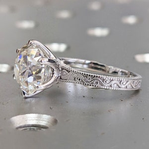 Old European Cut Vintage Ring | 2 CT Round OEC Colorless Moissanite Ring | Engagement Ring | Milgarain Setting | Antique Ring | 18KT Gold