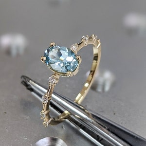 Vintage aquamarine engagement ring yellow gold oval shaped ring diamond/moissanite unique wedding bridal ring Anniversary Promise ring