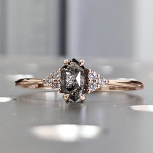 Vintage salt and pepper diamond engagement ring rose gold engagement ring diamond cluster ring wedding Bridal Anniversary Hexagon Cut