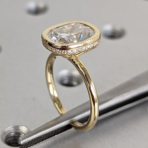 3 CT Excellent Cushion Cut Moissanite Ring / Bezel Setting Solitaire Ring / 14K Yellow Gold Wedding Bezel Ring / Engagement Ring For Her