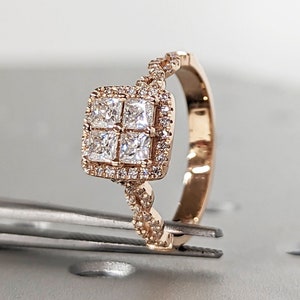 Quad Princess cut diamond engagement ring Unique rose gold engagement ring Dainty diamond bridal ring Twist promise ring anniversary gift