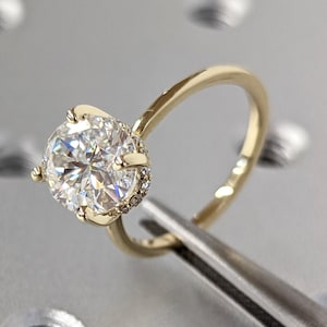 Unique Round Cut Hidden Halo Moissanite Engagement Ring/14K Yellow Solid Gold Promise Ring/Dainty Classic 4 Prongs/Personalized Gift
