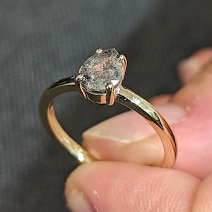 1920&#39;s Raw Salt and Pepper Diamond, Rose Cut Pear Diamond Ring, Unique Engagement, Black, Gray Pear, 14k Yellow, Rose, Black or White Gold