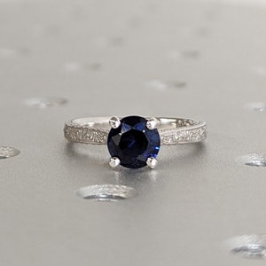 Blue Sapphire Engagement Ring, Vintage Inspired Sapphire Ring, 14K White Gold, Round Lab Created Sapphire Ring, Art Deco Anniversary Jewelry
