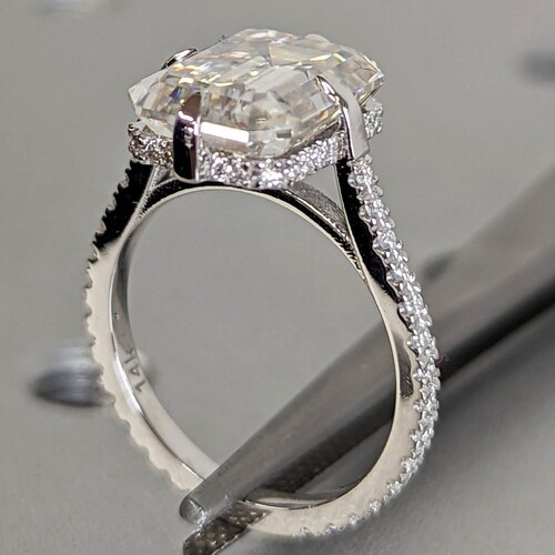 Emerald Engagement Ring 14k White Gold Hidden Halo Diamond Etsy