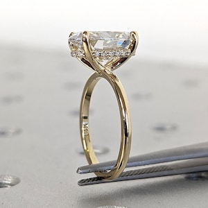 3 ct. Hidden halo engagement ring, solitaire oval moissanite ring, Hidden Halo 8x12mm Oval Cut Solitaire Engagement Ring in 14K Yellow gold