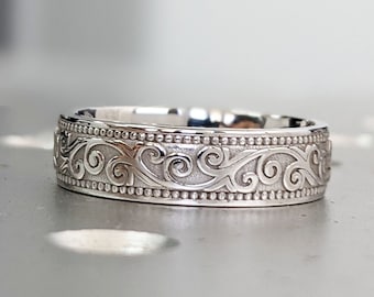 Hochzeitsband im Vintage Stil, Hochzeitsband mit Blumen, Hochzeitsband gold, Milgrain Hochzeitsband