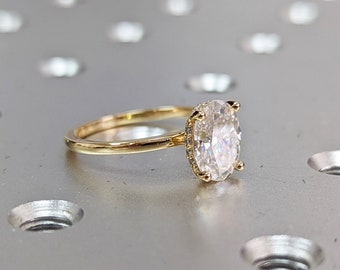 Förlovningsring med dold halo, 3 karat solitaire oval moissanitring, förlängd oval 14k, 1,5 mm tunn ring med dold halo-diamant