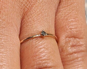 Dainty Salt and Pepper Diamond Ring, Solid 14K 18K Gold Small Engagement Ring Promise Ring Minimalist Rings, Simple Gold Thin Solitaire Ring