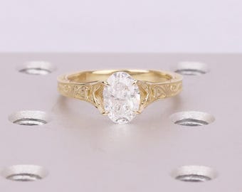 Solitaire Oval Engagement Ring, Vintage Lab Created Diamond Women's Wedding Ring, 14k Solid Gold Scrollwork Band, Unique Anniversary Rings