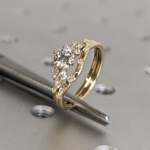 0.5ct Round Moissanite 14K Yellow Gold Engagement Ring | Unique Snowdrift 6 prong Moissanite Cluster Proposal Ring | Wedding Ring for Women