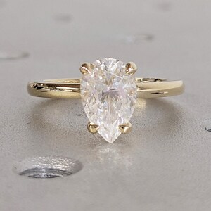 Pear Cut Moissanite Engagement Ring, 14k Yellow Gold Hidden Halo Wedding Rings for Women, Solitaire Anniversary Ring, Birthday Gift for Wife