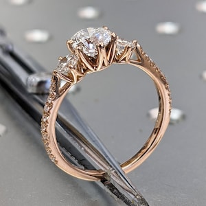14K Rose Gold 3 Stone Promise Ring For Her, Three Stone Engagement Ring With Side Stones, Simulated Diamond Ring, Past Present Future Ring