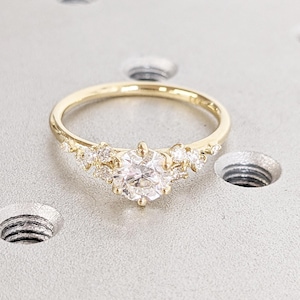 Round Cut Moissanite Rings, Dainty Engagement Ring, 14k Solid Gold Ring, Unique Snowdrift Ring, Moissanite Cluster Ring, Anniversary Ring