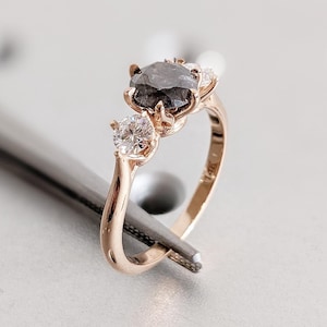 14k Rose Gold Polished Finished Wedding Ring, Vintage Salt and Pepper Diamond Engagement Ring, Art Deco Wedding Ring for Women, Gift for Her