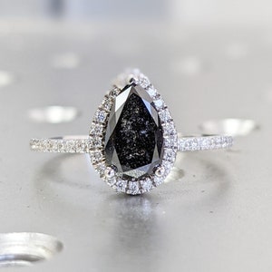 1920's Raw Salt and Pepper Diamond Halo, Pear Moissanite Halo Ring, Unique Engagement Bridal Set, Black Gray Pear 14k Yellow Rose White Gold