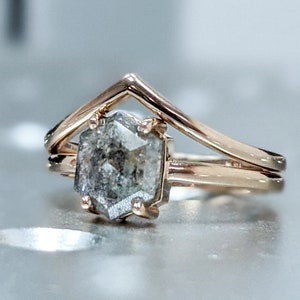 Raw Diamond, Salt and Pepper, Hexagon, Unique Engagement Ring, Rose Cut Geometric Diamond Ring, 14k Gold, Custom Handmade image 1