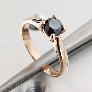 Black Diamond Solitaire Ring, Round Cut Diamond Solitaire, Black Diamond Rose Gold Ring, Solid Gold Black Diamond Ring, Simple Promise Ring