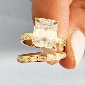 18k Gold Verlobungsring Set, Vintage Moissanit Ring für Frauen, Diamant im Baguette Schliff Ring, Smaragdschliff Ring, Jubiläum Ring Set