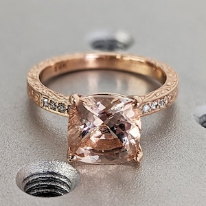 Cushion Cut Morganite Engagement Ring Set Rose Gold Pink Morganite Wedding Ring Set Diamond Filigree Carved Wedding Band Women Bridal Set