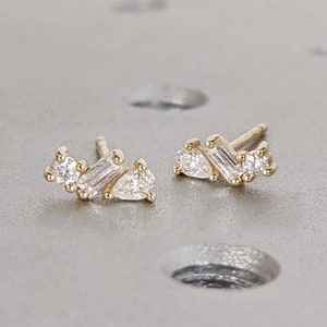 Tiny Lab Diamond Studs / 14k Mini Trio Lab Made Diamond Stud Earrings / Multi Shapes Lab Diamond Cluster Earrings / Birthday Gift for Her