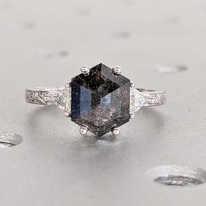 Salt and Pepper Diamond Ring, Filigree 14k Gold Engagement Ring, Hexagon Diamond Ring, Art Deco Raw Diamond Ring, Triangle Moissanite Ring