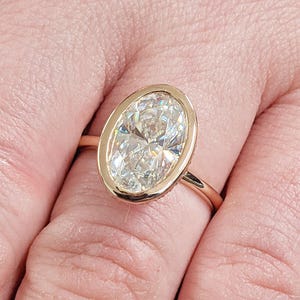 Oval Cut Moissanite Bridal Ring, Slim 14K Solid Rose Gold Bezel Set Engagement Ring, Dainty Hidden Halo Diamond Wedding Band, Milestone Ring