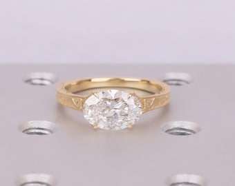 18K Solid Gold Dainty East West Oval Moissanite Engagement Ring, Vintage Filigree Engraved Band, Art Deco Solitaire Wedding Ring Jewelry