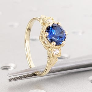 Vintage Sapphire Ring, 14k Gold Engagement Ring, Lab Created Sapphire Ring, September Birthstone Rings for Women, Unique Sapphire Jewelry