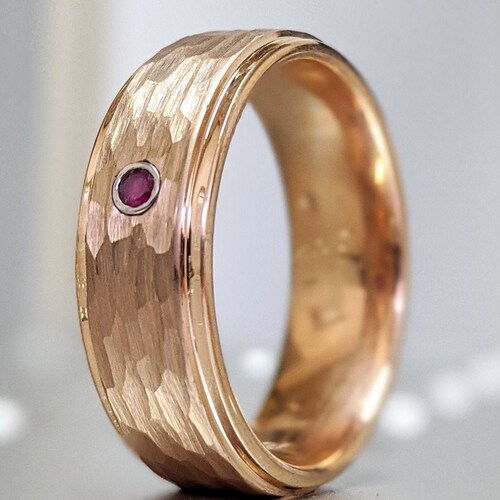 Hammered Tungsten 14k Rose Gold Tungsten Band - Red shops Ruby Mens Wedding Bands, Red Ruby Band Rose Gold Wedding Band Comfort Fit