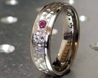 Ruby Titanium Hammered Wedding Ring Engagement Ring Brushed Satin 6mm - Red Ruby Band