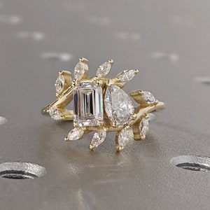 Toi et Moi Ring, Promise Ring, Moissanite Verlovingsring, Twee Stenen Ring, Trouwring, Verjaardagscadeau voor haar, Unieke Leaf Cluster Band