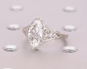 Antique Moissanite Ring, Marquise Engagement Ring, Milgrain Platinum Filigree Band