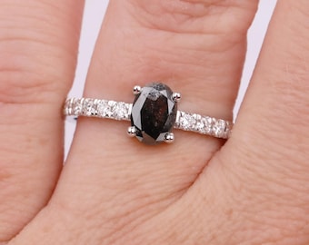 Oval Salt and Pepper Diamond Engagement Ring, 14K Gold, 1920's Vintage Raw Salt and Pepper Diamond Promise Ring, One-of-a-kind