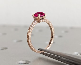 Round Ruby Ring 18K Solid Rose Gold Gemstone Engagement Ring For Women Dainty Promise Ring July Birthstone Anniversary Gift For Her Art Deco