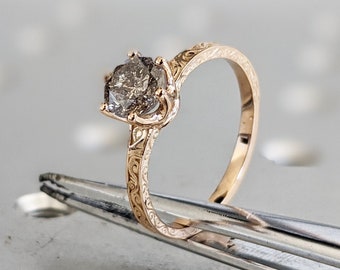 Raw Salt and Pepper Diamond Rose /White /Yellow Gold Engagement Ring Art Deco 1920&#39;s Inspired Thin Petite Band 18k Unique Ring for Her