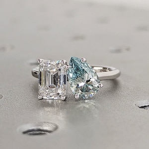 Pear and Emerald Cut Toi Et Moi Moissanite Ring / Light Blue Pear Moissanite Engagement Ring / White Gold Anniversary Ring / Two Stone Ring