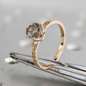 Raw Salt and Pepper Diamond Rose /White /Yellow Gold Engagement Ring Art Deco 1920's Inspired Thin Petite Band 18k Unique Ring for Her