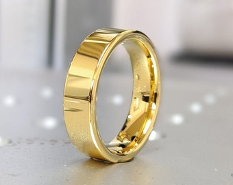 14k Yellow Gold Plated Mens Tungsten Wedding Band Ring Bands Unique Rings , 6mm Flat Ring, Gold Plated Tungsten Ring, Flat Wedding Band